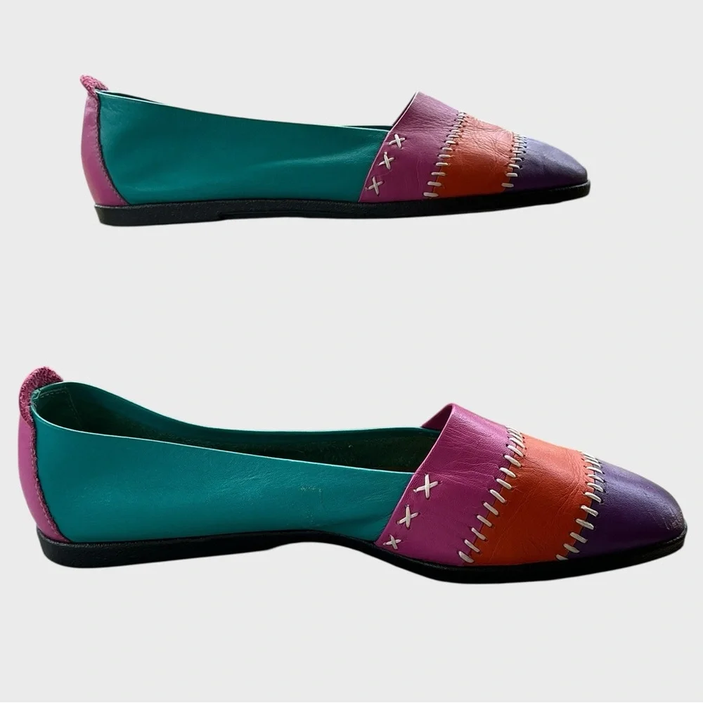 Vintage 90s Colorblock Leather Loafers Size 7.5 Bold Retro Statement